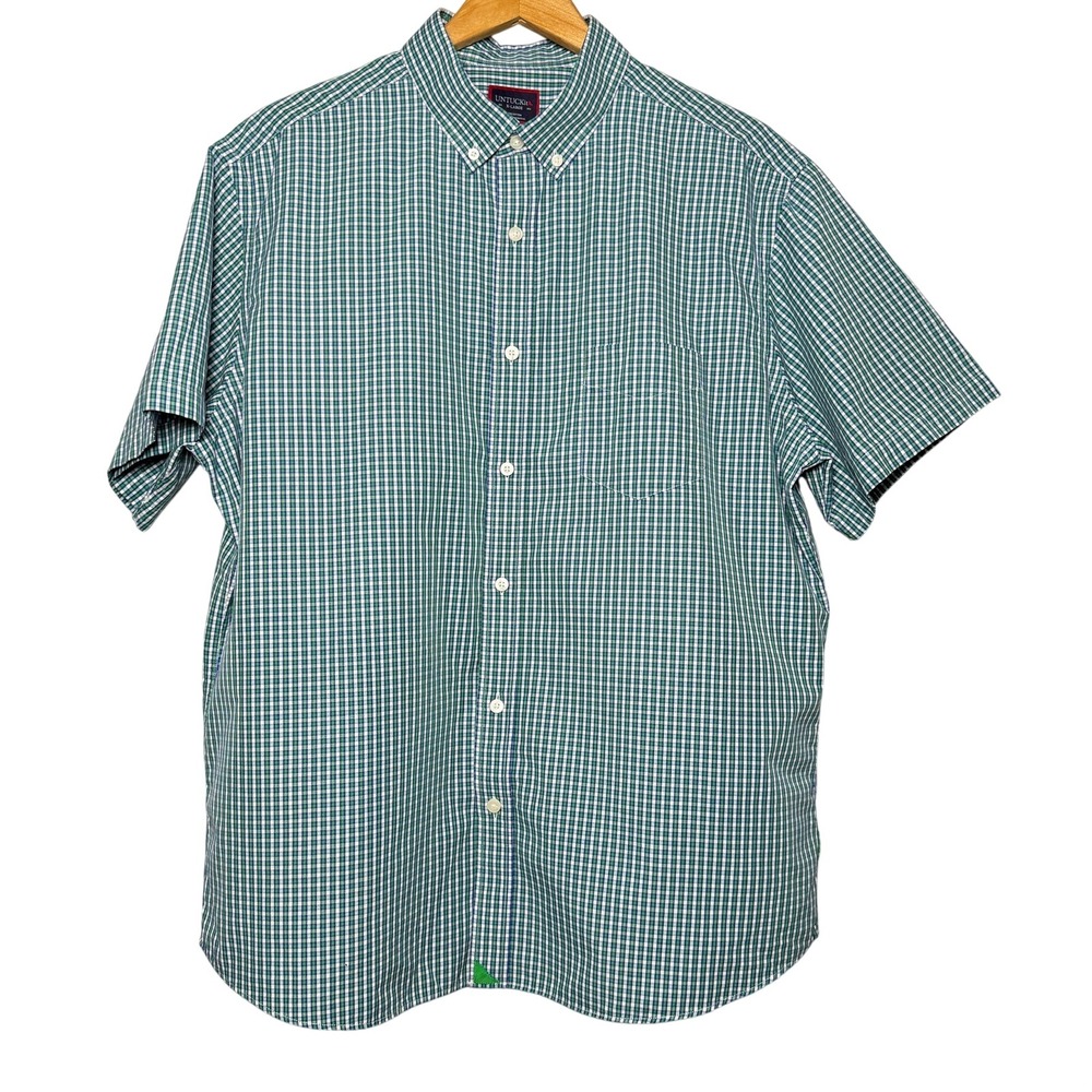 UNTUCKit Dunham Button Front Shirt Short Sleeve Mens XL Green Check Plaid Cotton